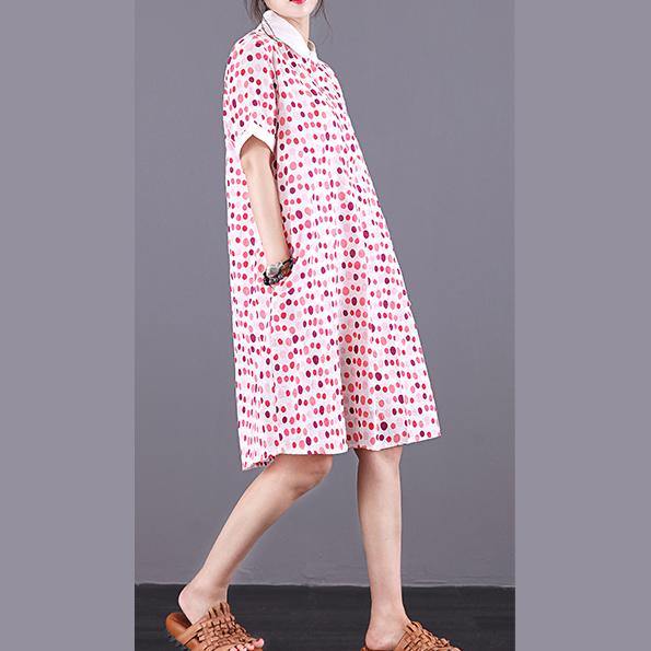 Natural lapel Button Down Cotton dresses red dotted Dress summer - Omychic