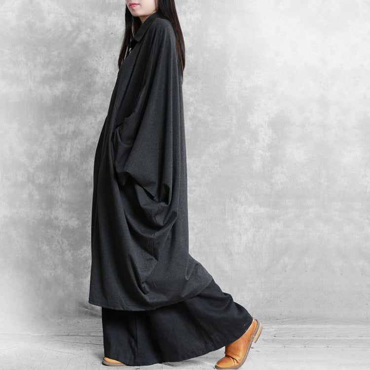 Natural lapel pockets cotton clothes Shape black long Dress fall - Omychic