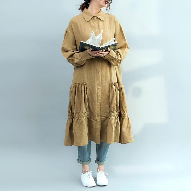 Natural lapel wrinkled linen quilting clothes Fine Sleeve khaki A Line Dresses spring - Omychic