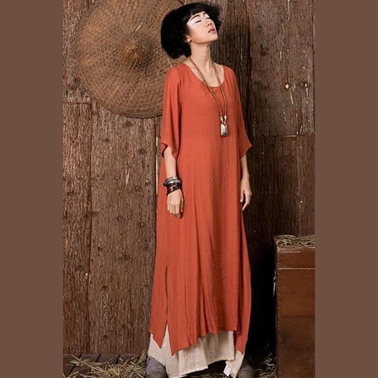 Natural layered linen Soft Surroundings Tutorials orange red o neck Dress side open half sleeve - Omychic
