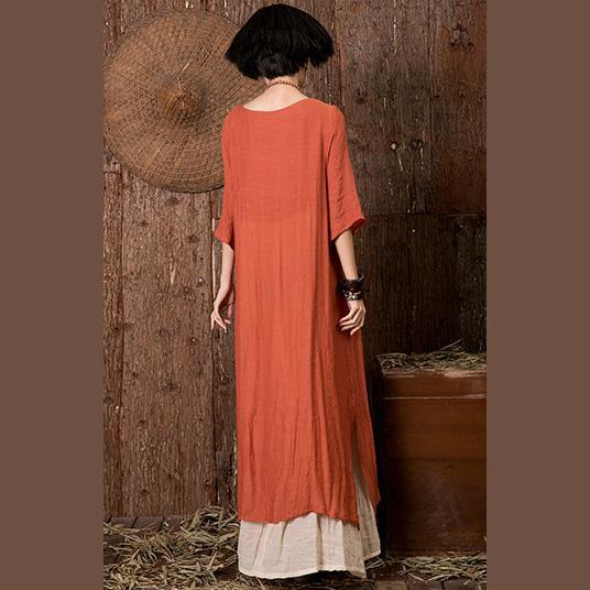Natural layered linen Soft Surroundings Tutorials orange red o neck Dress side open half sleeve - Omychic