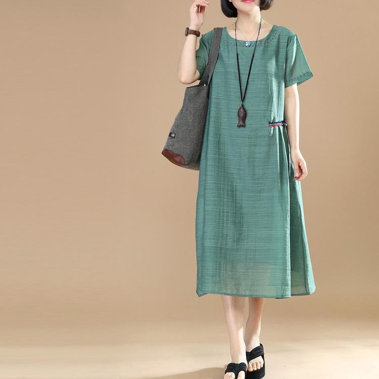 Natural layered linen dress Online Shopping green Dress o neck summer - Omychic