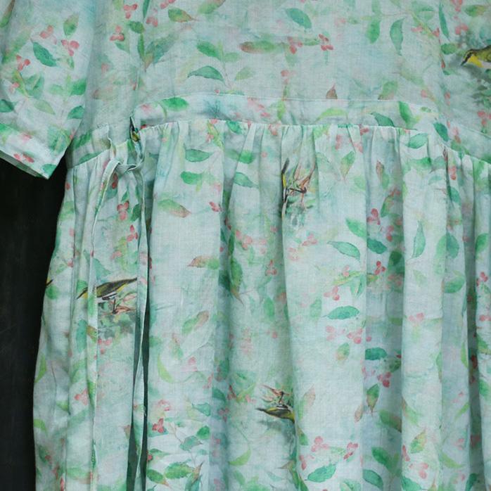 Natural light green print linen dresses plus size Shape o neck drawstring Maxi Summer Dresses - Omychic