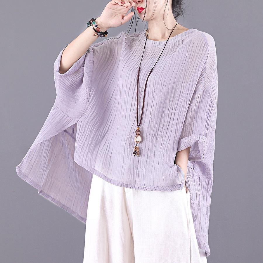 Natural light purple linen Tunic o neck low high design box summer blouses - Omychic