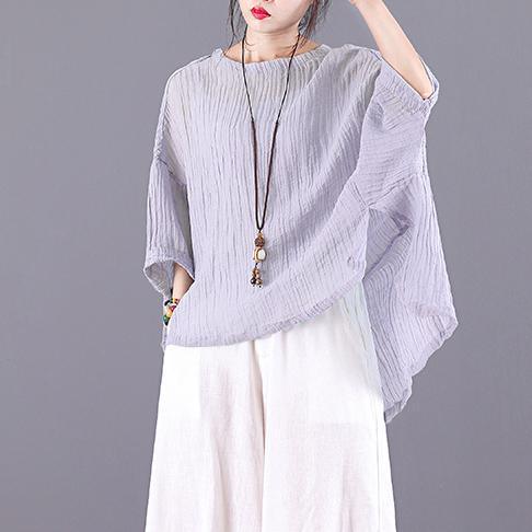 Natural light purple linen Tunic o neck low high design box summer blouses - Omychic