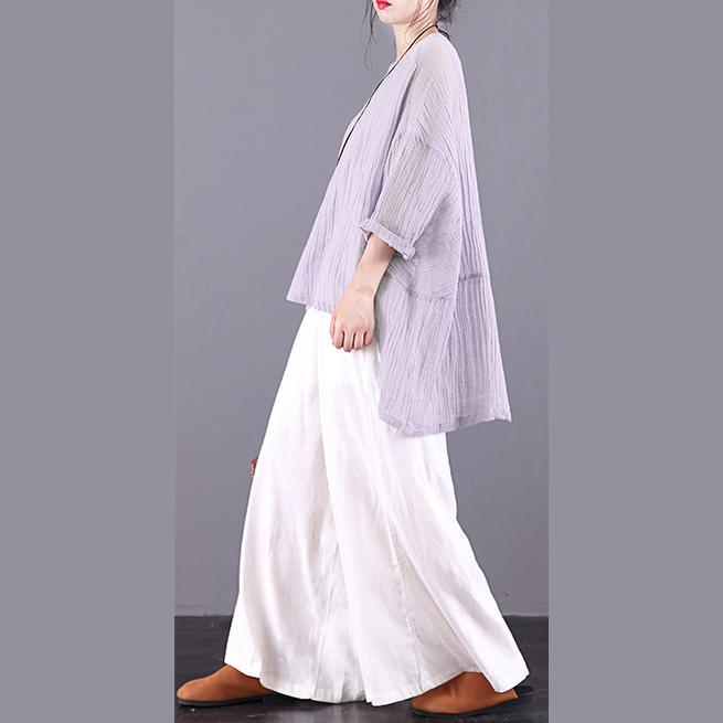 Natural light purple linen Tunic o neck low high design box summer blouses - Omychic