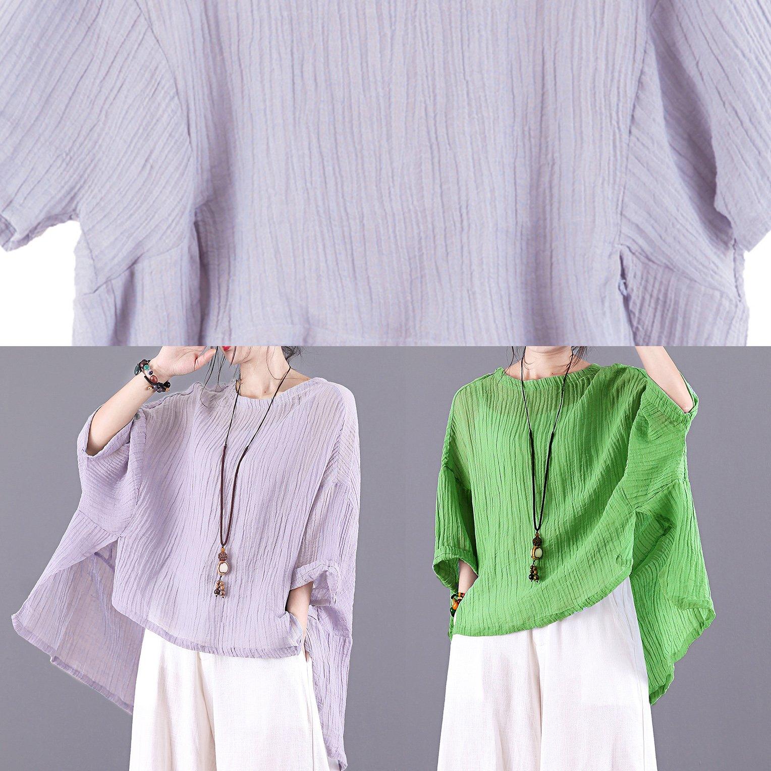 Natural light purple linen Tunic o neck low high design box summer blouses - Omychic