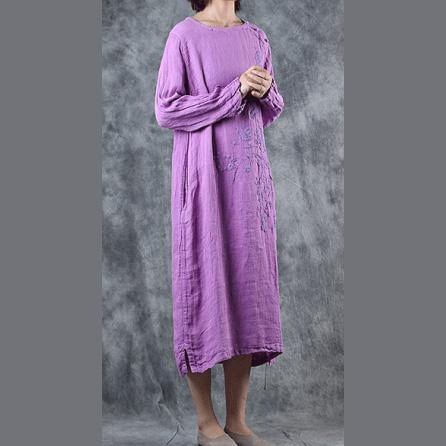 Natural light purple linen cotton clothes For Women o neck embroidery long Dress - Omychic