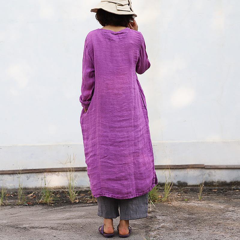 Natural light purple linen cotton clothes For Women o neck embroidery long Dress - Omychic