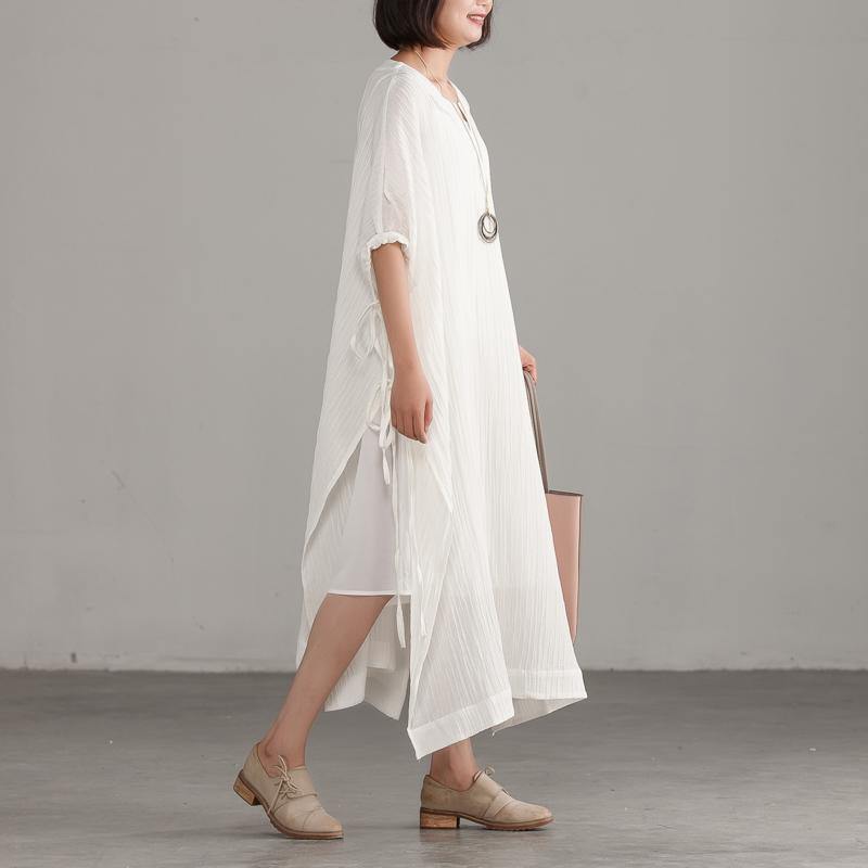 Natural linen Robes boutique Slit Jacquard Loose Lacing White Dress - Omychic