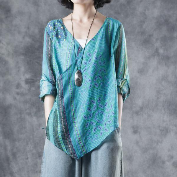 Natural linen blouses for women Korea Summer Casual V-Neck Printed Blouse - Omychic