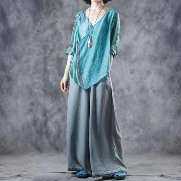 Natural linen blouses for women Korea Summer Casual V-Neck Printed Blouse - Omychic