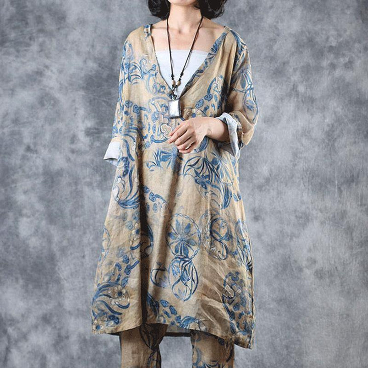 Natural linen clothes Fitted Chinese Style Printed V-Neck Loose Blouse - Omychic