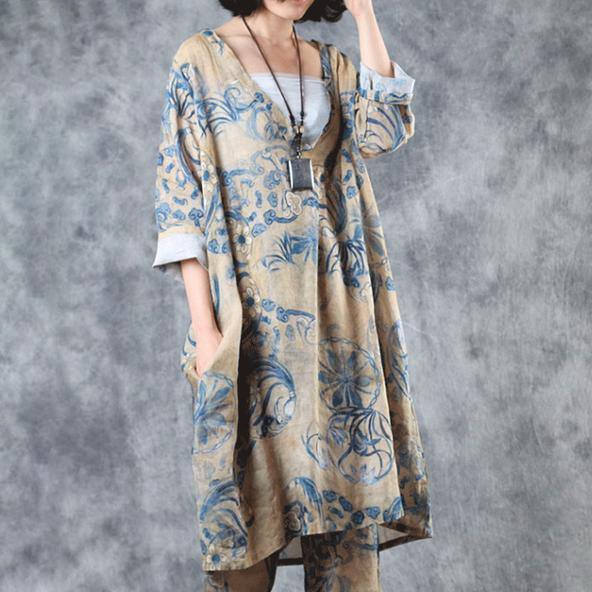 Natural linen clothes Fitted Chinese Style Printed V-Neck Loose Blouse - Omychic