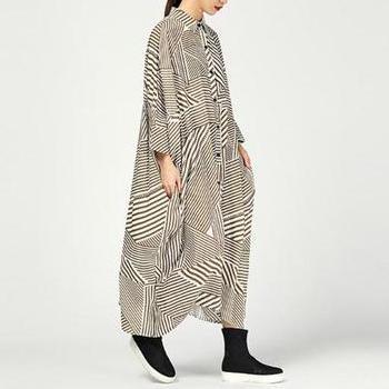 Natural linen dress Plus Size Print Three Quarter Sleeve Retro Irregular Hem Dress - Omychic