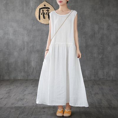 Natural linen dresses Fitted Linen Sleeveless white Casual Summer Big Hem Dress - Omychic