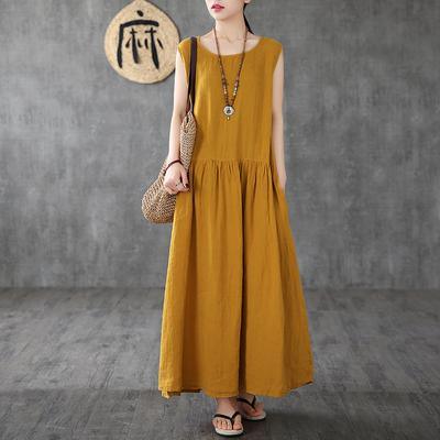 Natural linen dresses Fitted Linen Sleeveless white Casual Summer Big Hem Dress - Omychic