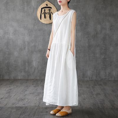 Natural linen dresses Fitted Linen Sleeveless white Casual Summer Big Hem Dress - Omychic