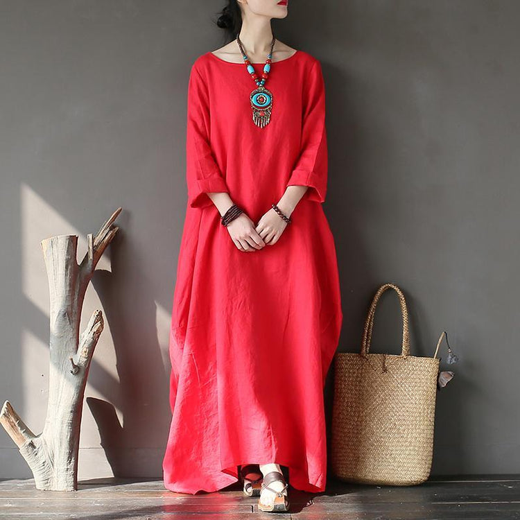 Natural long sleeve linen spring Robes Sleeve red Dress - Omychic