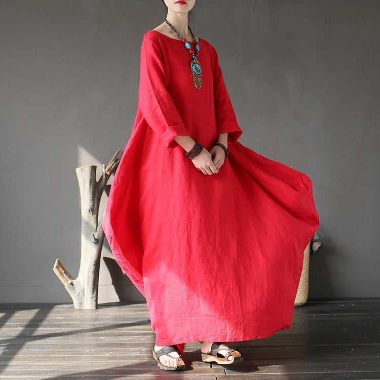 Natural long sleeve linen spring Robes Sleeve red Dress - Omychic