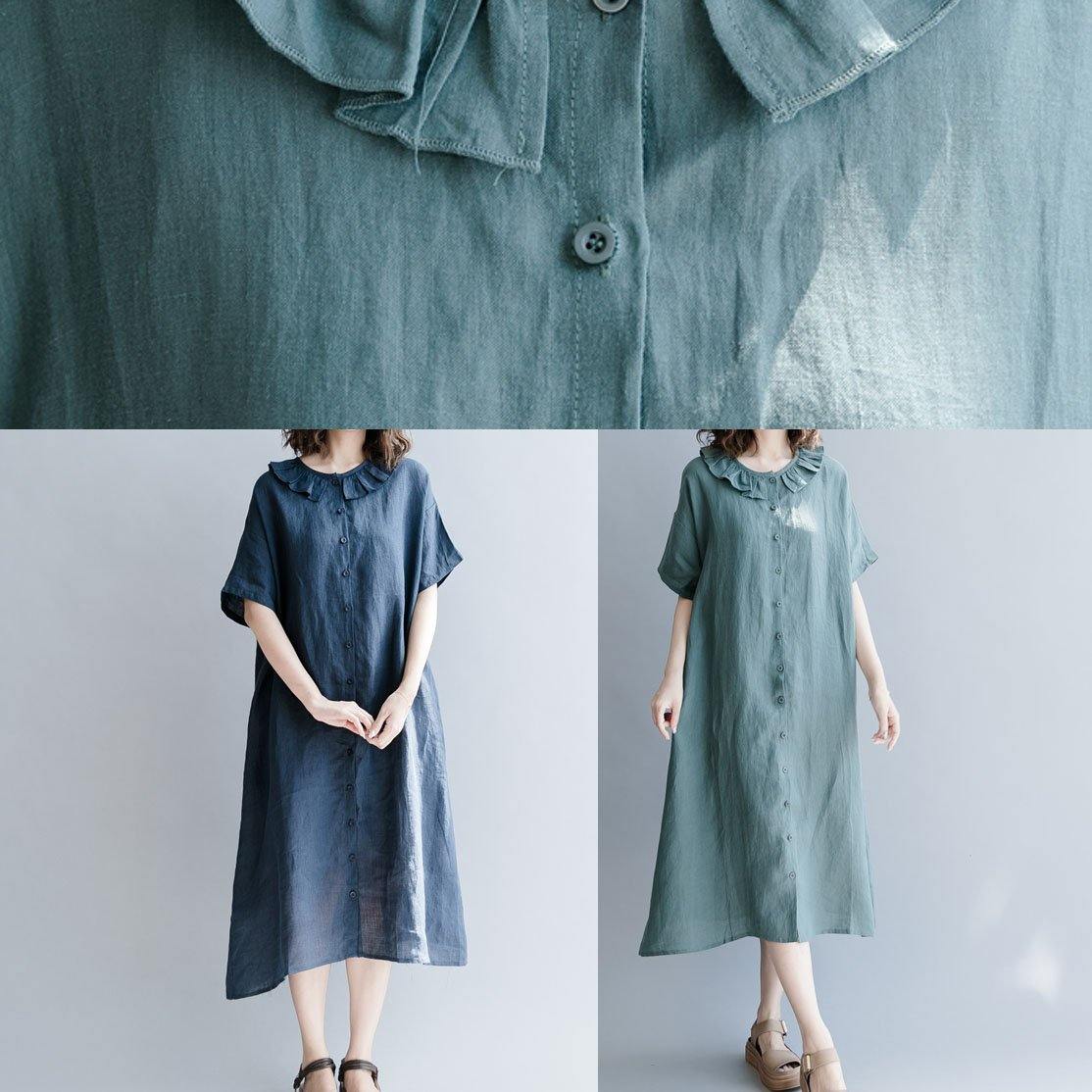 Natural navy cotton linen dress Peter pan Collar patchwork Love summer Dresses - Omychic