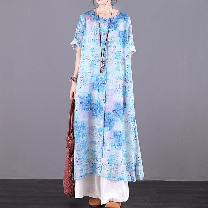 Natural o neck Button Down linen clothes For Women Photography blue print Dress summer - Omychic