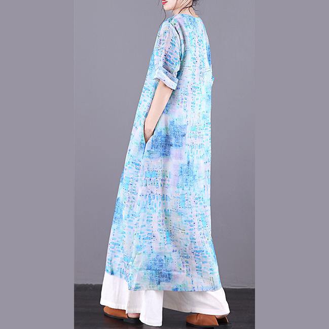 Natural o neck Button Down linen clothes For Women Photography blue print Dress summer - Omychic