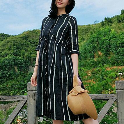 Natural o neck Button Down linen clothes For Women plus size Runway black white striped daily Dresses summer - Omychic