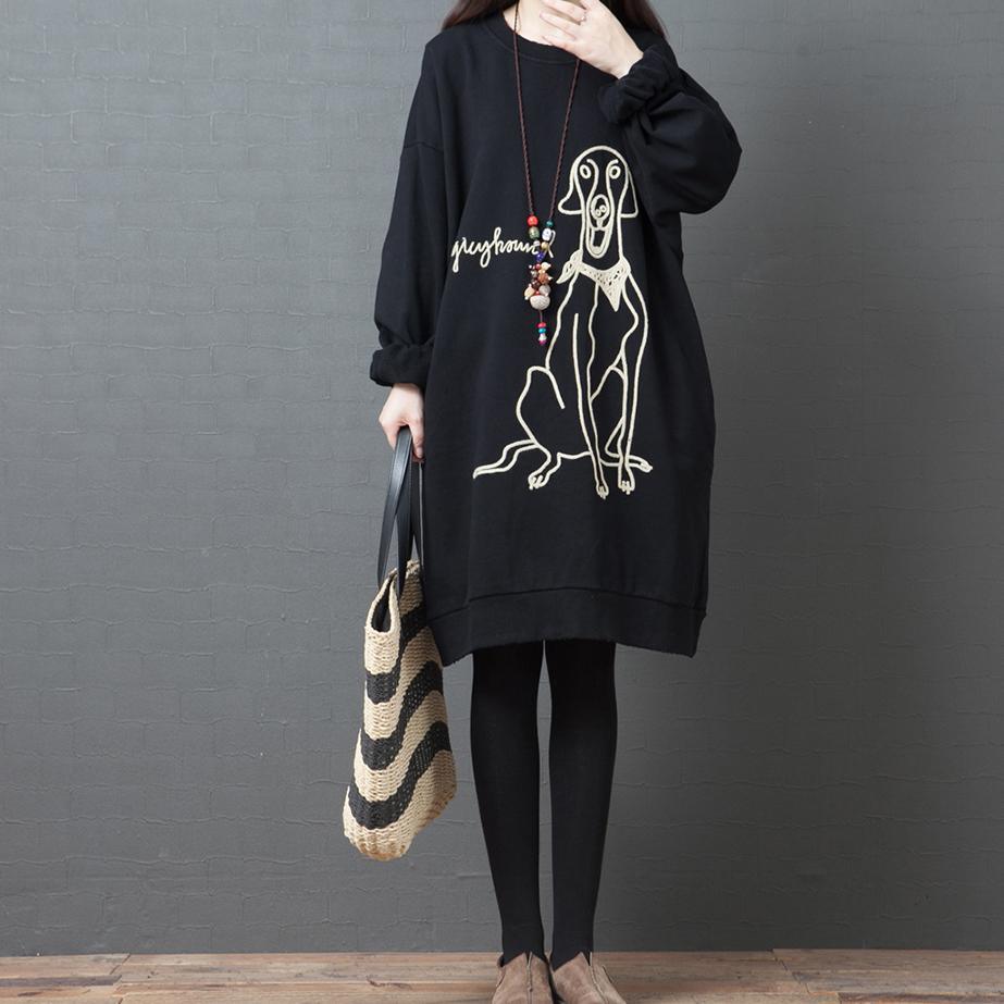 Natural o neck Cotton outfit Sleeve black print Dress - Omychic