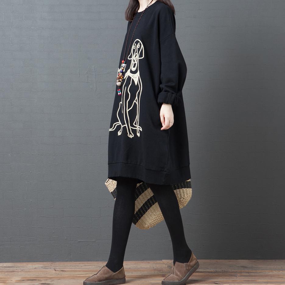 Natural o neck Cotton outfit Sleeve black print Dress - Omychic
