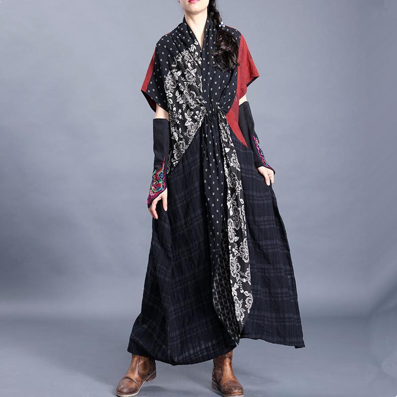 Natural o neck asymmetric cotton linen spring clothes For Women Tutorials black print Dresses - Omychic