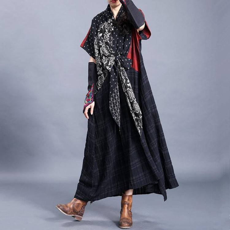 Natural o neck asymmetric cotton linen spring clothes For Women Tutorials black print Dresses - Omychic