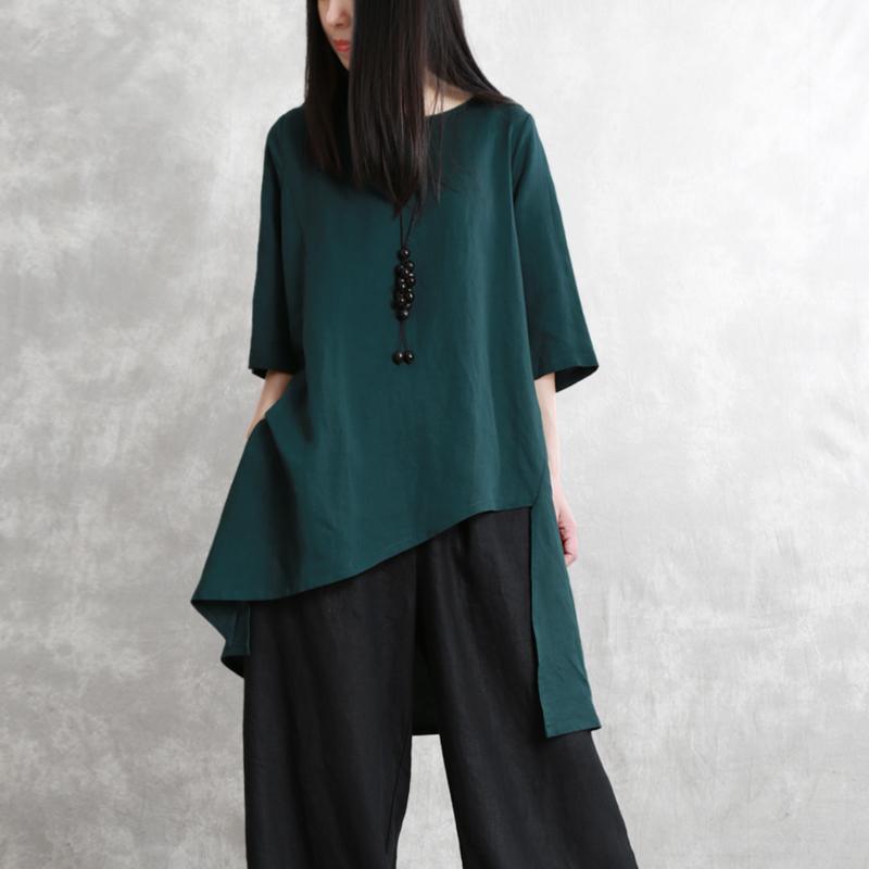 Natural o neck asymmetric linen blouses for women design blackish green top summer - Omychic
