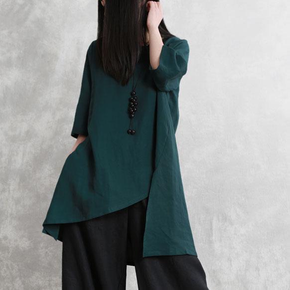 Natural o neck asymmetric linen blouses for women design blackish green top summer - Omychic