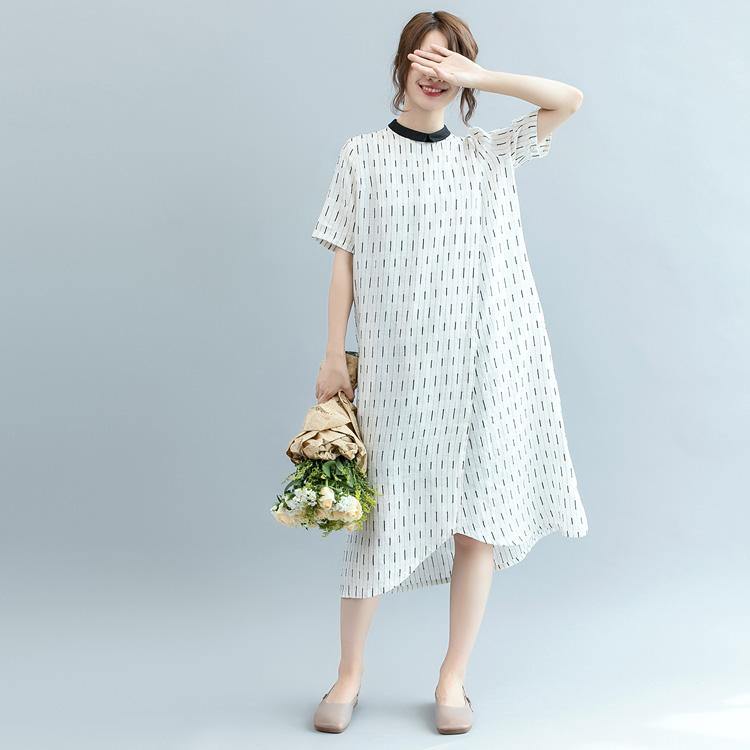 Natural o neck asymmetric linen clothes Boho Outfits white striped long Dress - Omychic