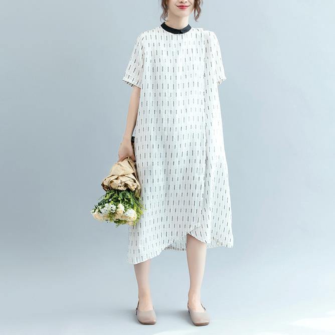 Natural o neck asymmetric linen clothes Boho Outfits white striped long Dress - Omychic