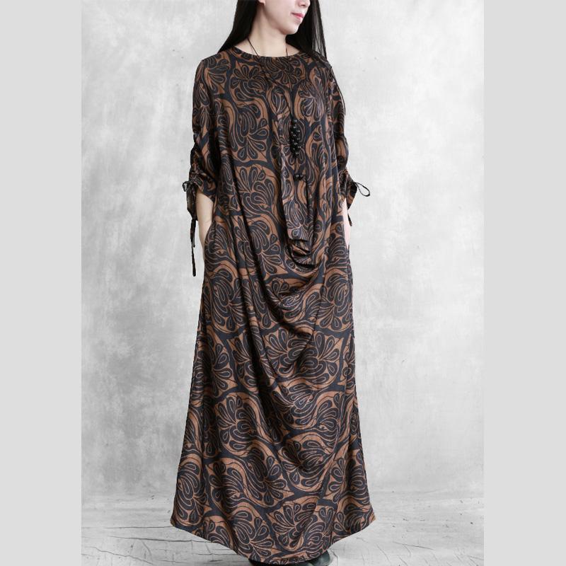 Natural o neck asymmetric spring clothes design chocolate print Dresses - Omychic