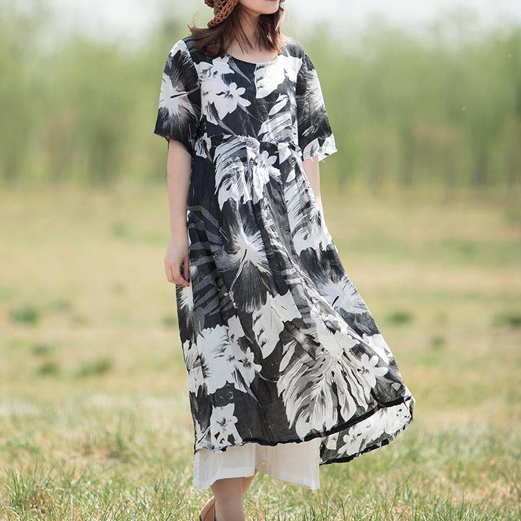 Natural o neck cotton linen dresses design black prints Dresses summer - Omychic