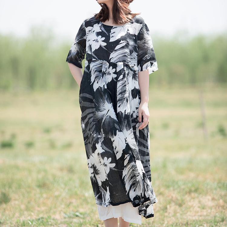 Natural o neck cotton linen dresses design black prints Dresses summer - Omychic