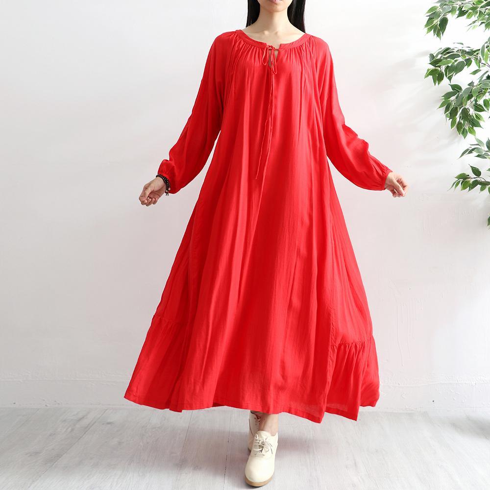Natural o neck cotton quilting clothes Shirts red big hem cotton Dresses autumn - Omychic