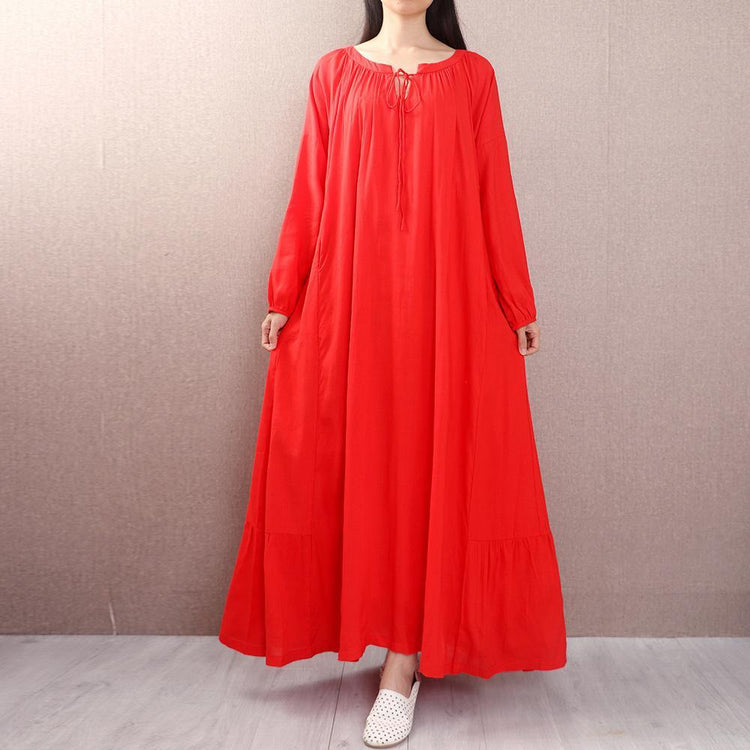 Natural o neck cotton quilting clothes Shirts red big hem cotton Dresses autumn - Omychic