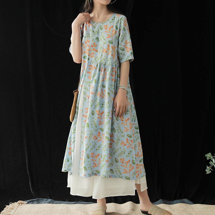 Natural o neck half sleeve Cotton dress Work blue print Dress summer - Omychic