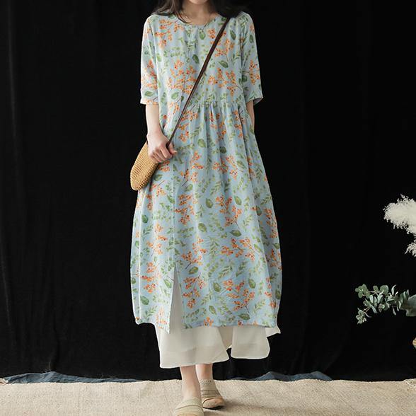 Natural o neck half sleeve Cotton dress Work blue print Dress summer - Omychic