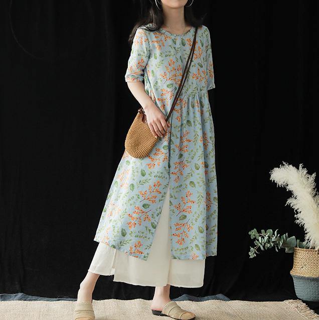 Natural o neck half sleeve Cotton dress Work blue print Dress summer - Omychic