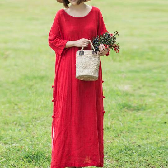 Natural o neck linen cotton clothes Photography red Dress summer - Omychic