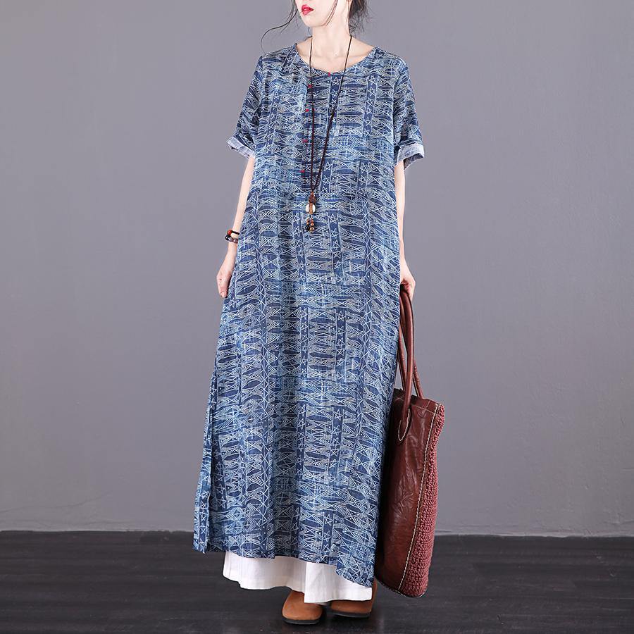 Natural o neck pockets linen Long Wardrobes blue print Dresses summer - Omychic