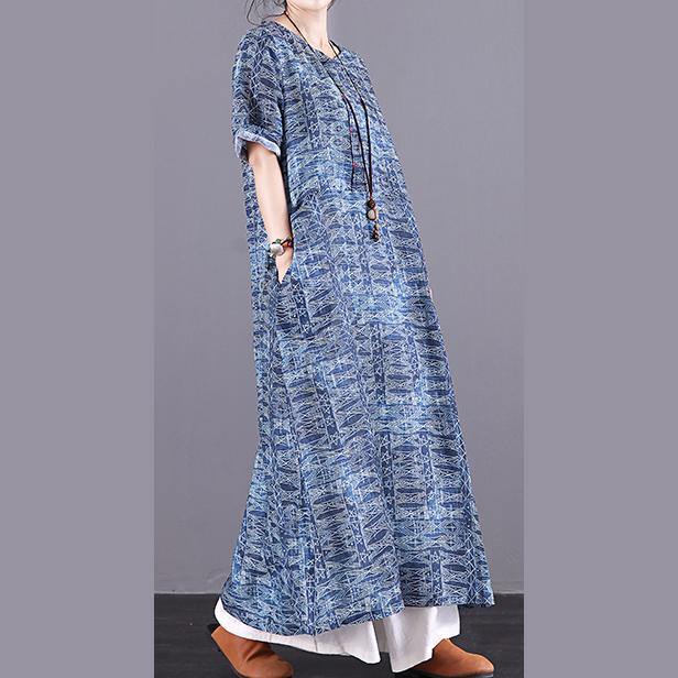 Natural o neck pockets linen Long Wardrobes blue print Dresses summer - Omychic