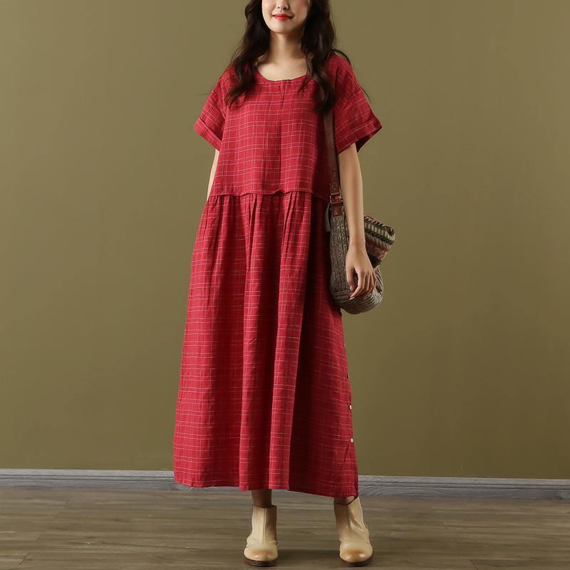 Natural o neck pockets linen clothes Tunic Tops red Plaid Dresses summer - Omychic