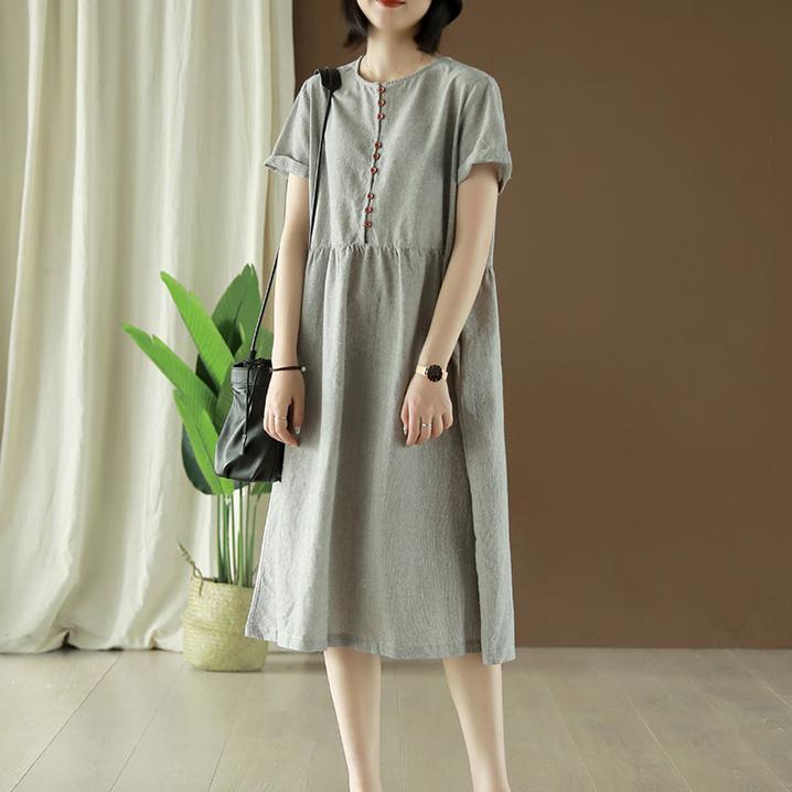 Natural o neck short sleeve cotton linen clothes Fashion Ideas gray striped Dress summer - Omychic