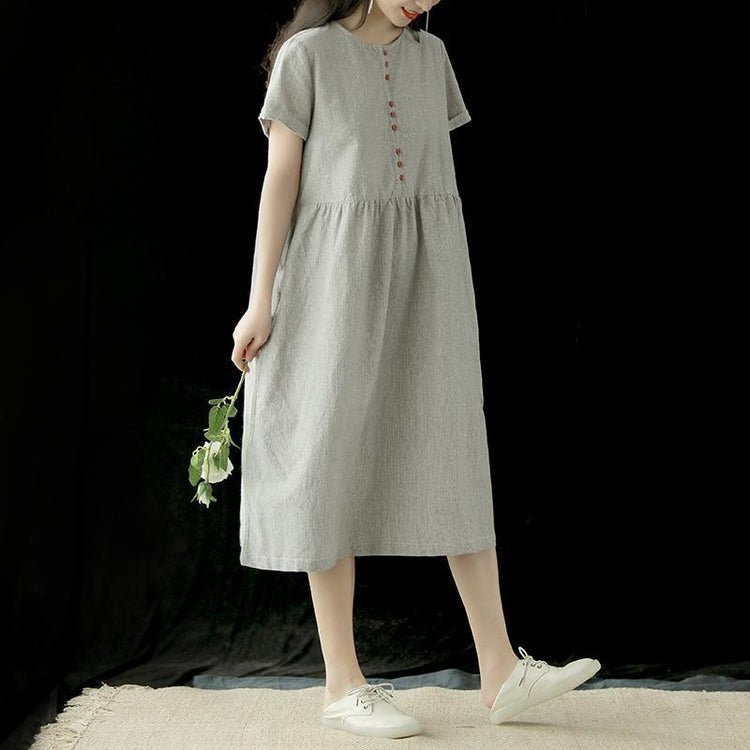 Natural o neck short sleeve cotton linen clothes Fashion Ideas gray striped Dress summer - Omychic